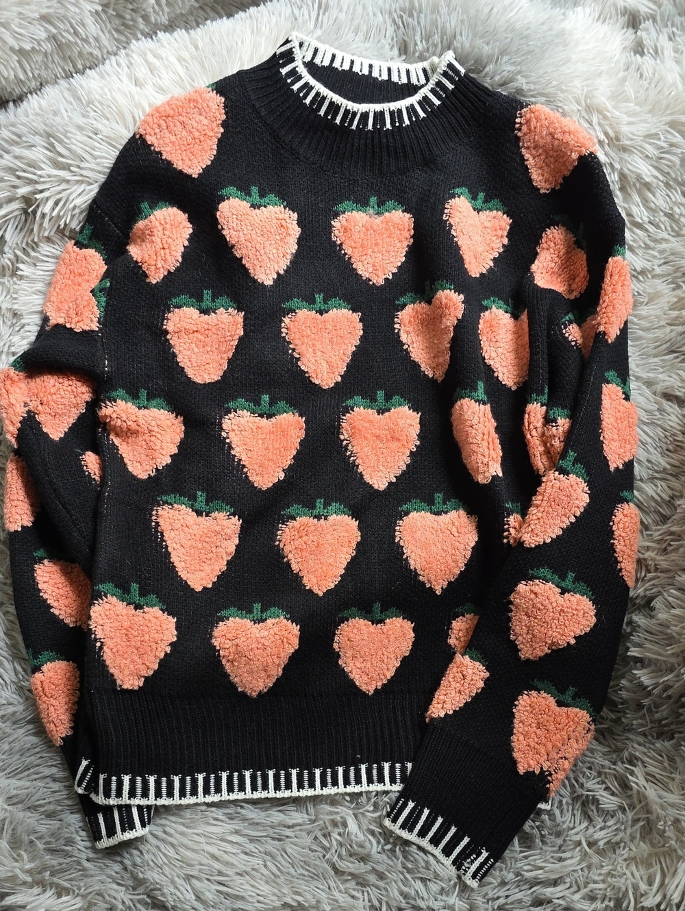 SHEIN Black Crewneck Sweater with Peach Heart Motifs